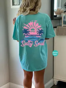 Comfort Colors Salty Soul Summer T Shirt, Summer Vacation Tee Tshirt, Retro Graphic Summer T-Shirt, Vintage Beach Gift Graphic Tee, 1 side T-shirt