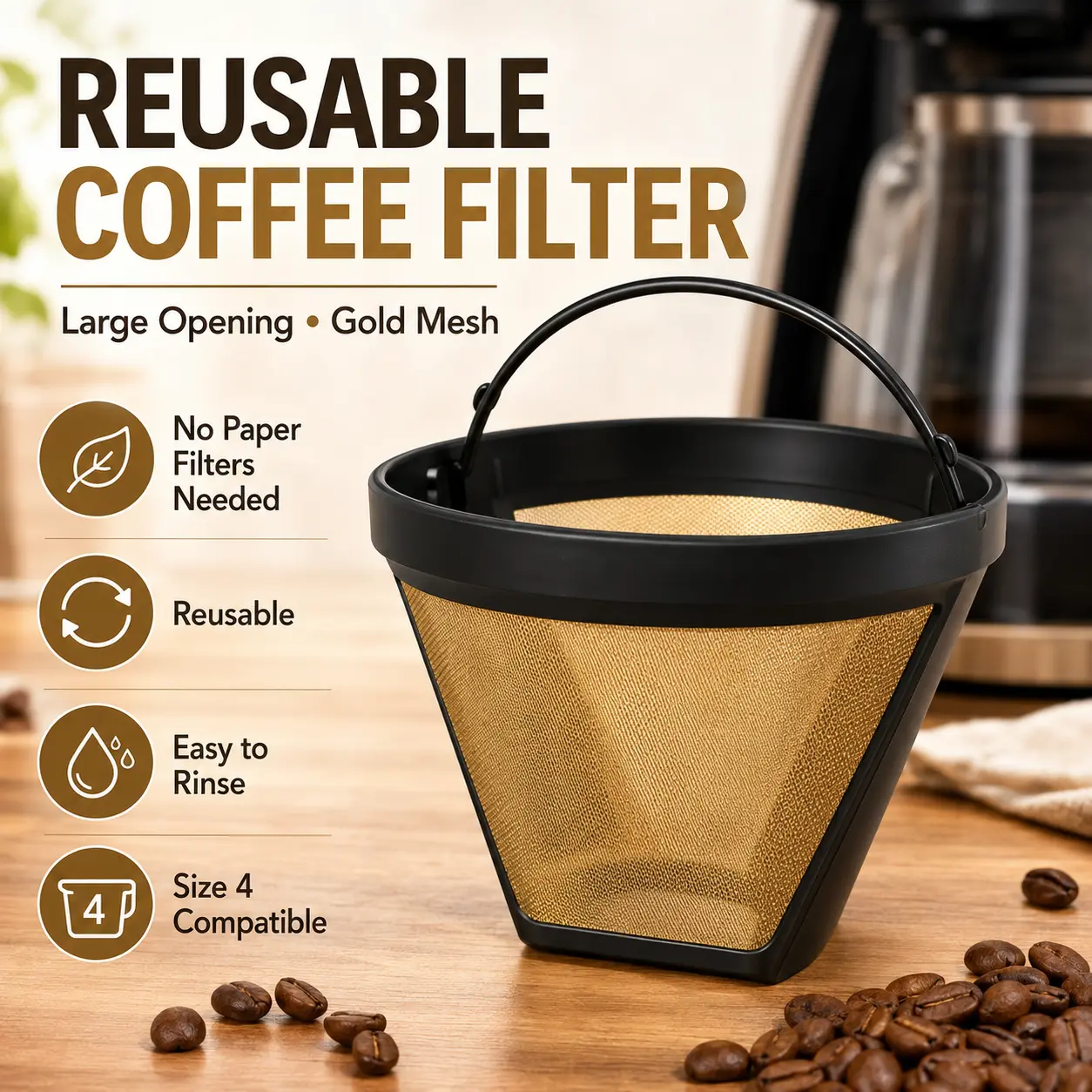 Reusable Gold Mesh Coffee Filter, Size 4 Permanent Coffee Strainer Compatible With Drip Coffee Maker, BPA Free Easy Clean Metal Coffee Filter Replacement for Disposable Paper Filters