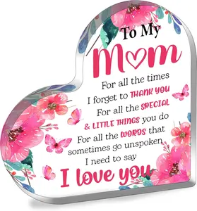 To My Mom Heart Acrylic Plaque, Sentimental Mother's Day Gift, Thank You Mom Birthday Keepsake, Pink Floral Butterfly Tabletop Ornament