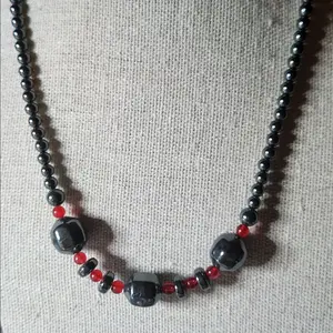 Hematite & red glass  beaded necklace 20"