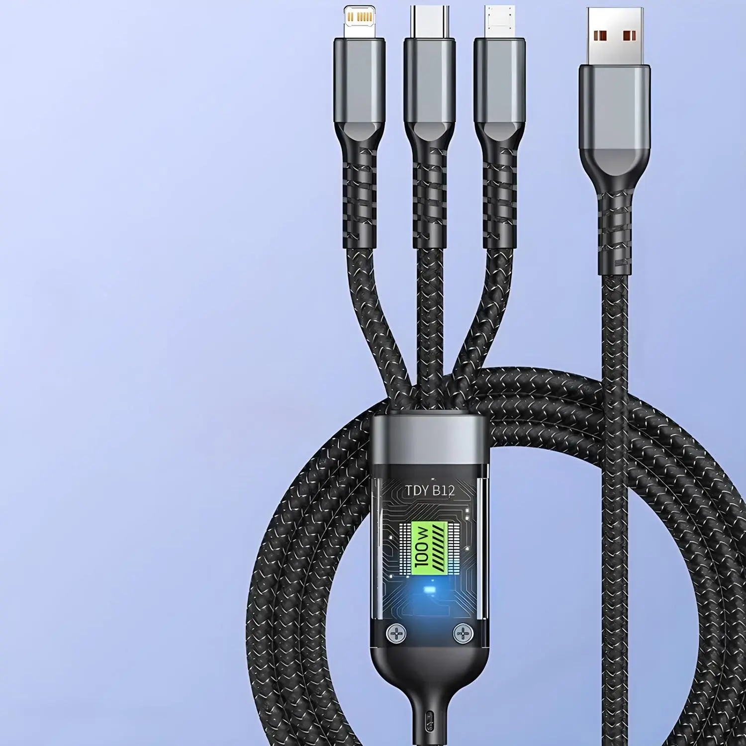 3 in 1 USB 100W Transparent Multifunctional Charging Cable for iPhone Huawei Xiaomi Android, Universal USB to C Type Micro Interface 1.2m with LED Indicator Fast Charging Cables