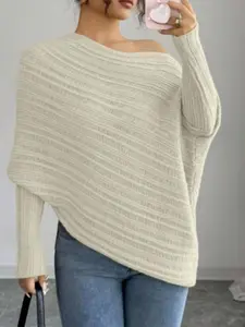 Fashionable textured off shoulder knit top with bat sleeve design pullover, perfect for dates and daily wear, making it an ideal gift for her
