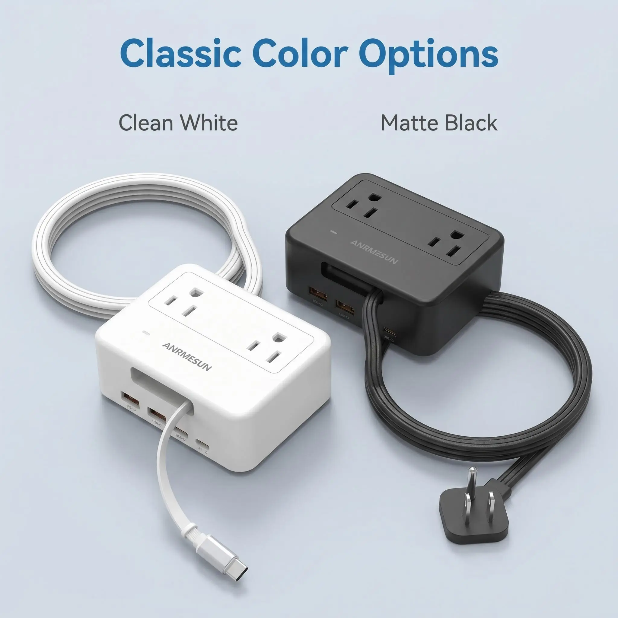 ANRMESUN Compact Surge Protector Power Socket - 4 AC Sockets, 2 USB 3.0 Ports, 2 USB-C Ports, 5-ft Cable, Suitable for Home Office & Travel Use