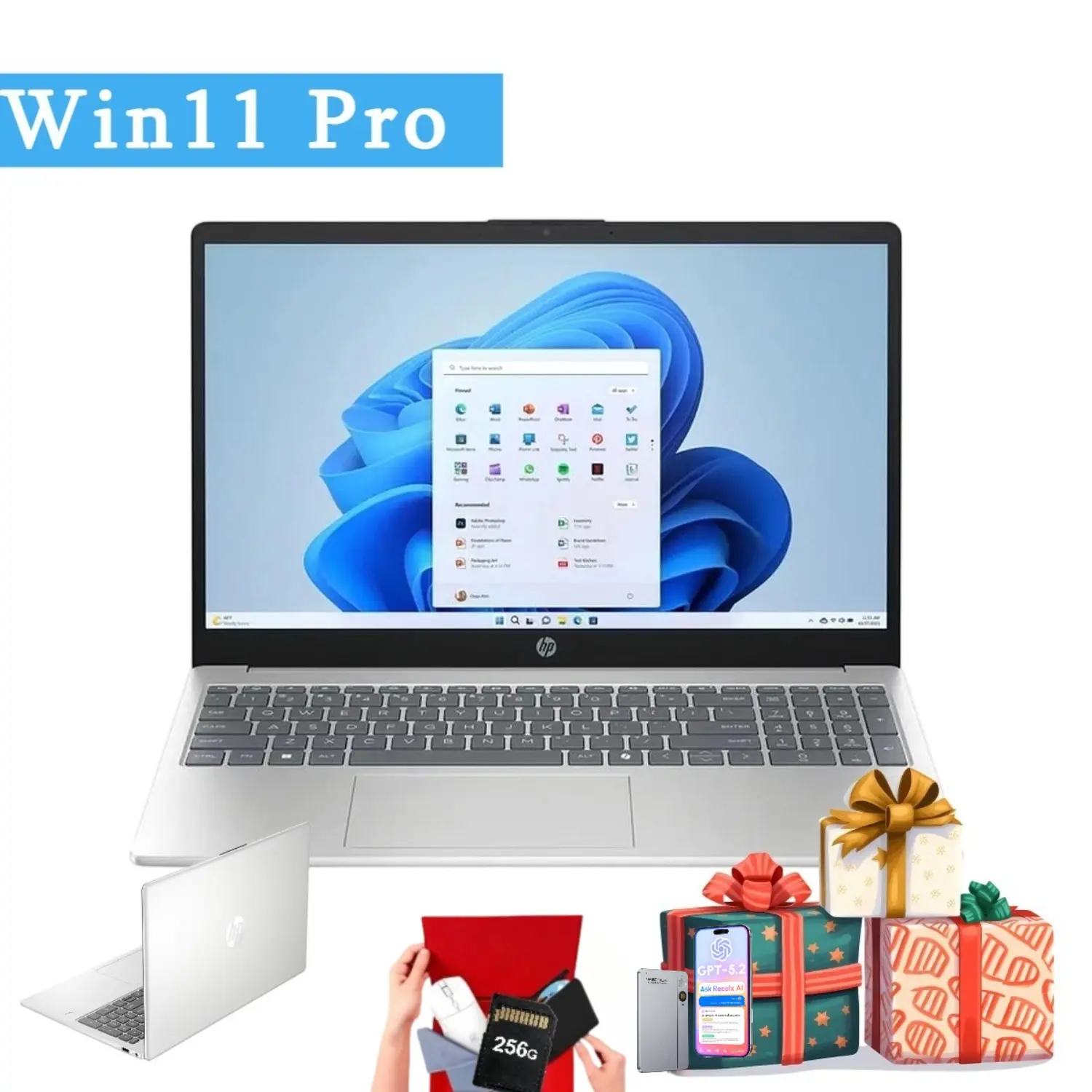 HP 15.6" Laptop | Intel i3-N305, Up to 32GB RAM + 512GB SSD | Win11 Pro for Student & Business,Bundle Accessory,Silver