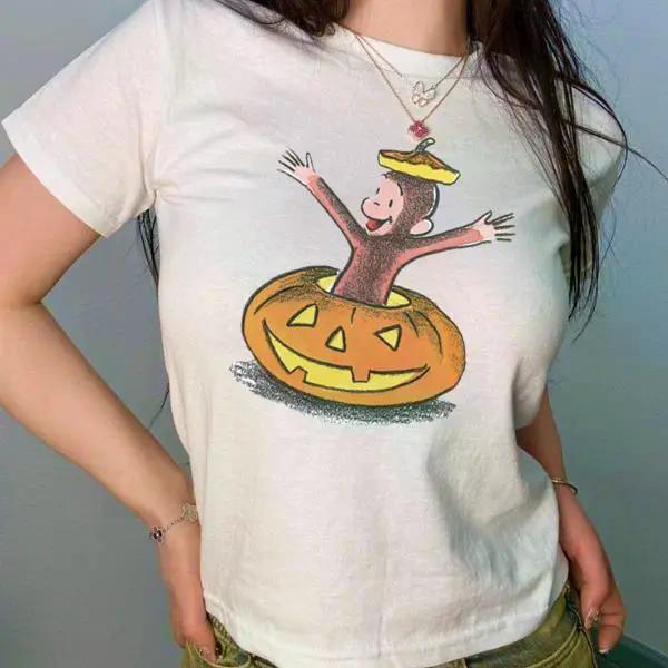 Pumpkin Monkey Baby Tee, Fall Halloween Graphic T-Shirt for Women, Cute Y2K Fitted Top, Cozy Autumn Casual Gift Shirt