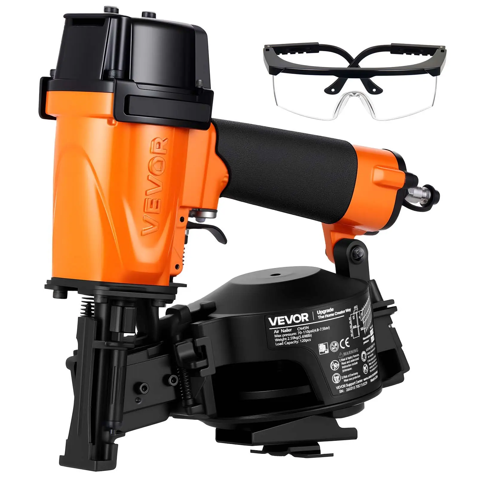 【DealsForYouDays】VEVOR Professional Roofing Nailer CN45N, 3/4" to 1-3/4" 15 Degree Air Roofing Nail Gun, 4–5 Nails/S Ultra-Fast Nailing, 70-110 PSI Pneumatic Coil Nailer for Asphalt Shingles, Roof Sheathing Nailgun Power Tools