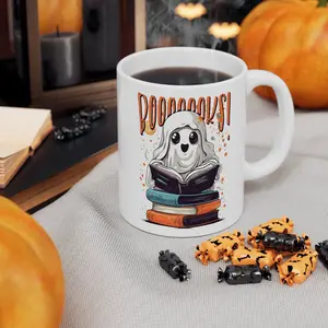 Ghost Reading Book Mug 11oz Ceramic Halloween Coffee Cup for Book Lovers with Charming Ghost Design Perfect for Fall & Halloween Occasions