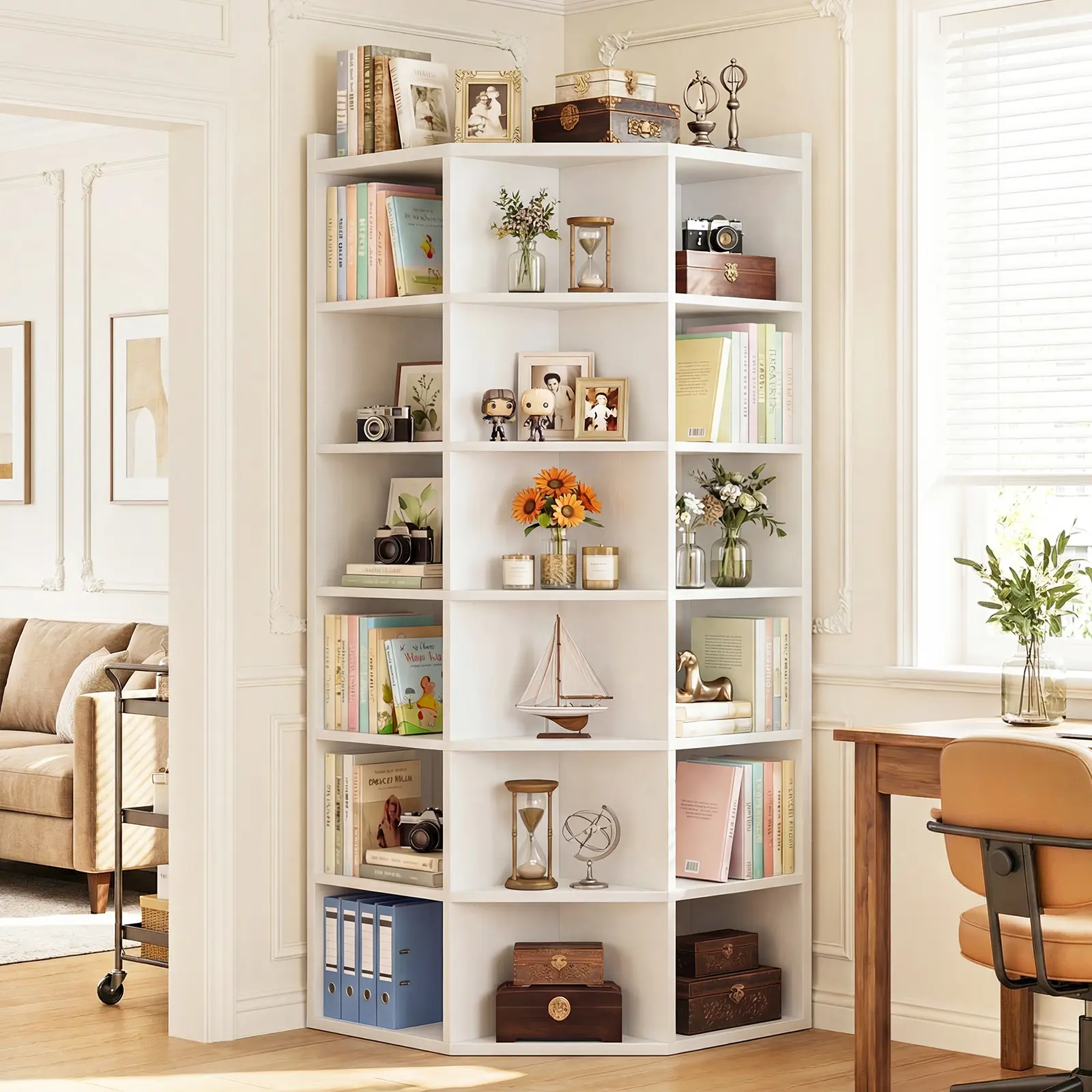7-Tier Corner Bookshelf – 18-Cube L-Shaped Storage Rack with Top Table, Space-Saving Display Shelf for Home Office, Living Room, Bedroom