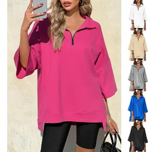 Danedvi Womens Oversized Sweatshirt Casual Zip Up V Neck 3/4 Sleeve High Low Pullover Tunic Tops