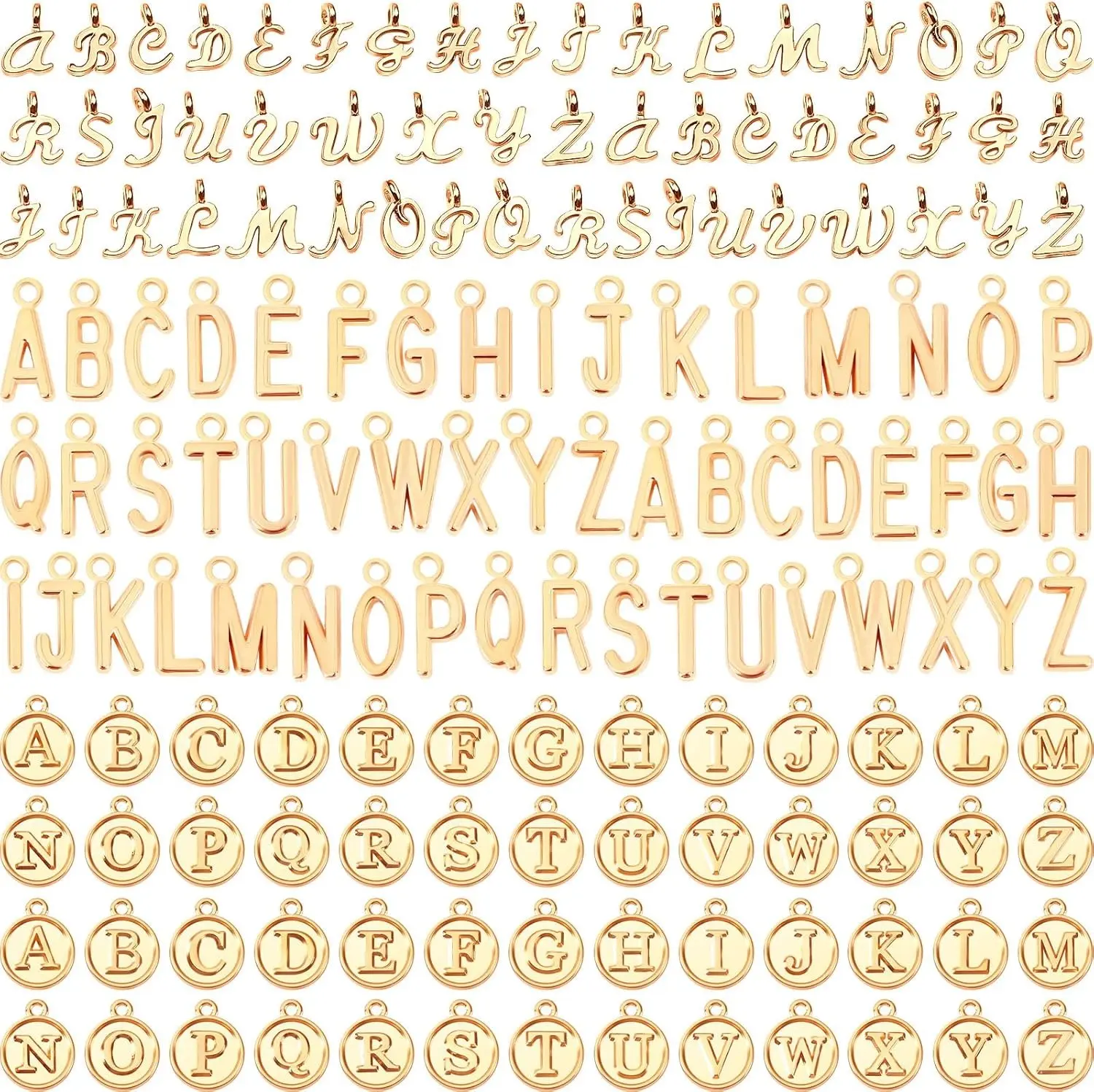 156 PCS Alphabet ABC Letter Charms Set - 6 Sets of Capital A-Z Charms in 3 Styles with 200 PCS Open Jump Rings for DIY Bracelet Necklace Jewelry Making, KC Gold