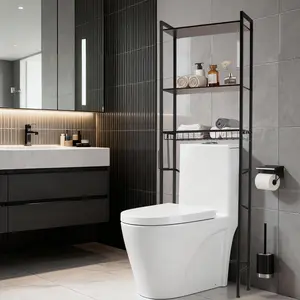 Over The Toilet Storage Rack 4-Tier Adjustable Bathroom Organizer Shelf with Paper Holder & 4 Hooks Brown Color for Maximized Space