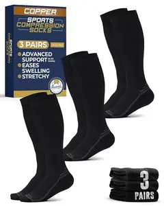 Pembrook Copper Compression Socks 3 Pairs For Men, Athletic Support For Running, Cycling & Hiking
