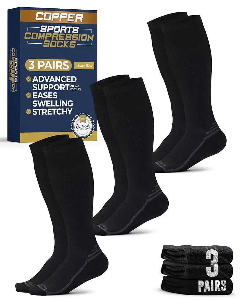 Pembrook Men's Large Copper Compression Sport Socks (3 Pairs) - Breathable, Sweat Wicking, Athletic Support, Eases Swelling, Retains Strength for Running, Long Flights, Sweat Wicking Socks