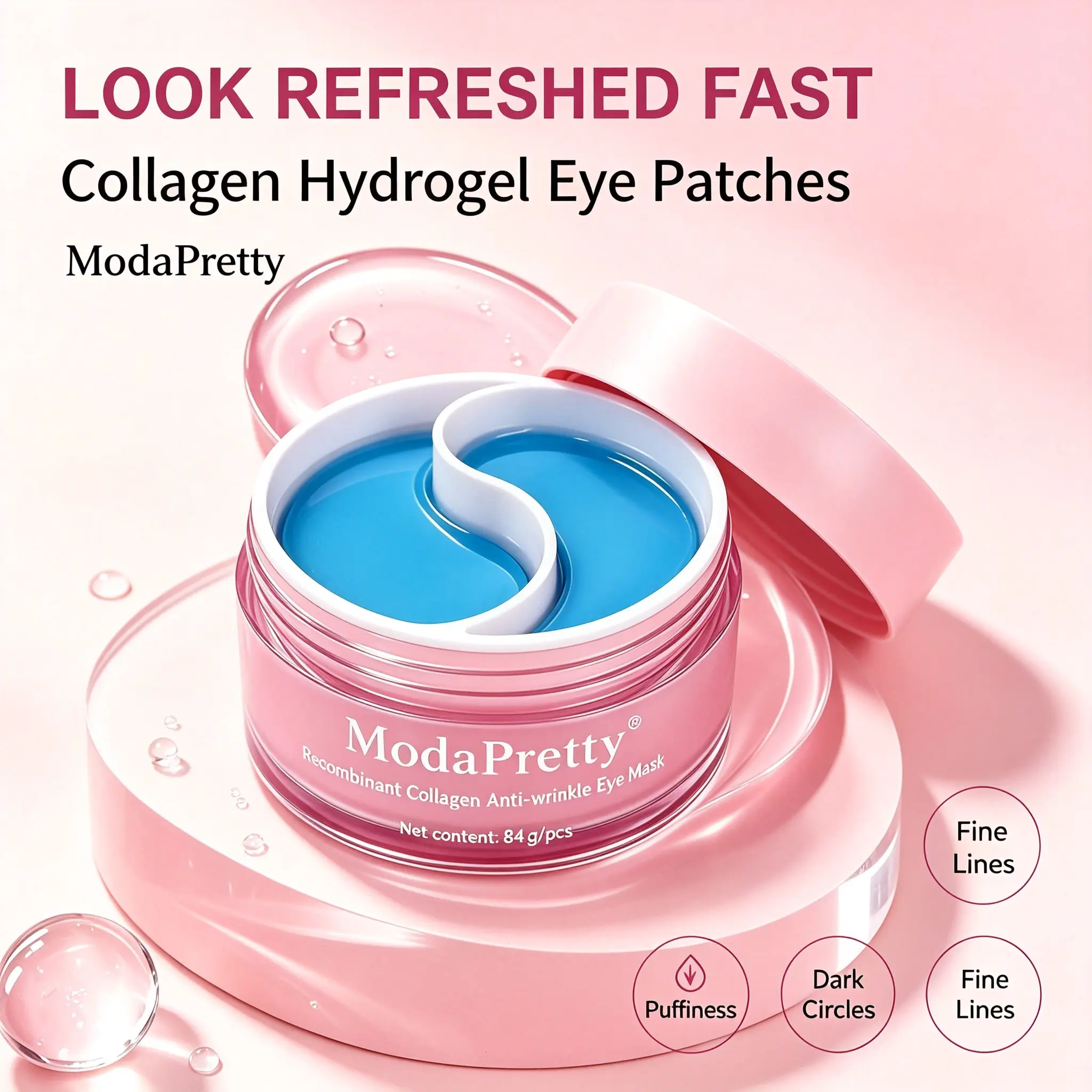 ModaPretty Recombinant Collagen Hydrogel Eye Mask, 84g Anti-Wrinkle Under Eye Patches for Puffy Eyes, Dark Circles, Fine Lines, Deep Hydrating Eye Gel Pads, 4 Weeks Clinically Proven Eye Care Treatment