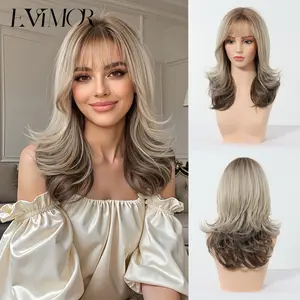 European and American style bangs with gradient layers, medium-long hair with linen golden-brown highlights, naturally voluminous women's full wig