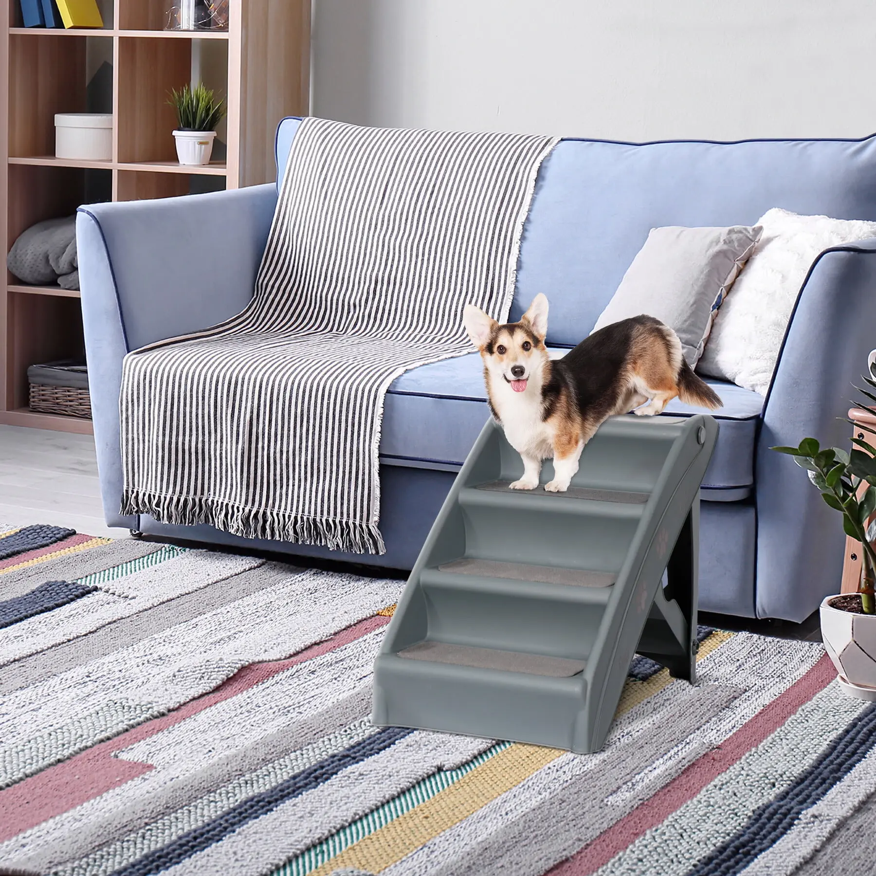 Pet Republic 4-Step Non-Slip Foldable Pet Stairs for Small Dogs - Washable Gray Carpets, Home Use, Safe Climbing, Easy Access, Easy to Clean/Store, No Assembly, Floor-Protecting, Safety Tested, Supports Up to 100lbs