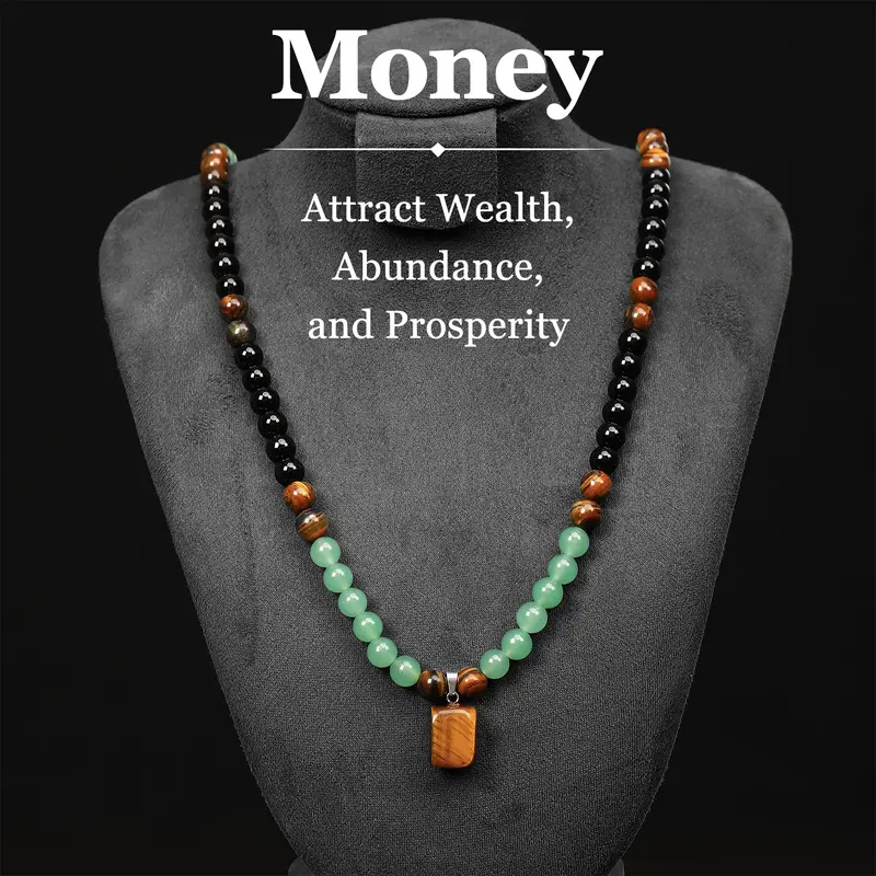 Oceantree Unisex Money Attraction Gemstone Necklace - 69cm Chain Sweater Chain with Green Aventurine, Tiger Eye Healing Crystal Stones, Thoughtful Gift for Anniversaries, TikTok Shop Back to School, Party‑Ready Charm