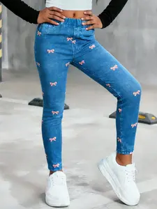 Girls’ Faux Denim Pants All Over Pink Bows Printed Slim Fit Soft Fabric Stretchy Waist Faux Denim Pants for Sport Jean