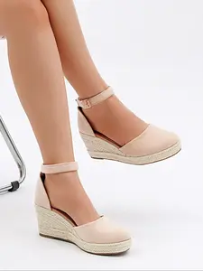 Women's Wedge Ankle Strap Sandals, Summer Outfits 2024 Boho Style Stylish Elegant Solid Color Wedge Platform Sandals for Beach Vacation, Wedge Heel Woven Shoes for Women & Girls
