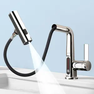 Pull Down Bathroom Sink Faucet with Temperature Display, Pull Out Sprayer, 360°Swivel Spout, 3 Spray Modes, Led Light Single Hole Tap