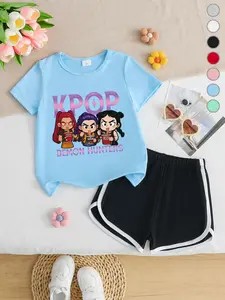 Summer Girls Casual Sporty Short Sleeve Shorts Set, Kpop Demon Hunters Cartoon Print, Loose Fit Comfortable, Daily Wear, Park Play, Home Leisure