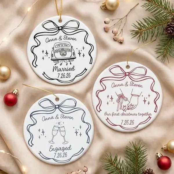 Personalized Ceramic Ornament - Our First Christmas Together for Engaged Couples, Wedding Gift Ideas, Glossy Finish, Minimalist Lines, Tree Decoration Home Decor