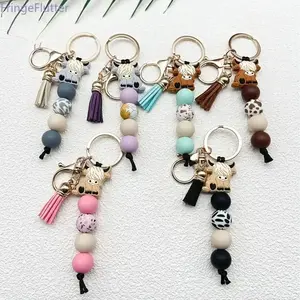 Highland Cow Silicone Beaded Keychain with Tassel-Lobster Clasp - Cartoon Punk Style Sports & Outdoor Protective Accessory for Backpacks, Car Key Anti-Lost Chain, Ideal Gift for Friends