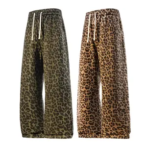 Leopard Print Stylish Y2K Casual Unisex Patchwork Sweatpants Cool Print Straight Leg Athleisure Outfit Pants for Men & Women