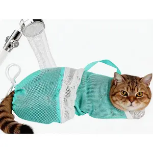 Cat Bathing Bag with Adjustable Hood - Teal Mesh No Scratch Grooming Restraint for Safe Washing, Nail Trimming & Injection, Breathable Polyester Bag for Easy Pet Care