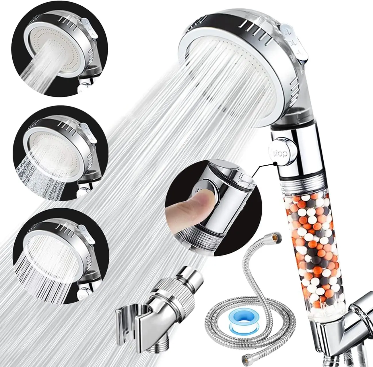 High  Handheld Shower  with Filter, Shower  Kits with Hose and Bracket, Hard Water Softener Water Purifying Filtered Showerheads with Filter Beads