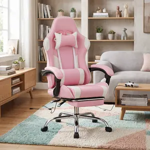 Ergonomic Video Game Desk Chair with Footrest & Lumbar Support, PU Leather Recliner with Headrest, Fixed Armrest, Height Adjustable & 360° Swivel, Comfortable Gaming Chair for Home Office, Ergonomic Computer Chair for Long Gaming Sessions