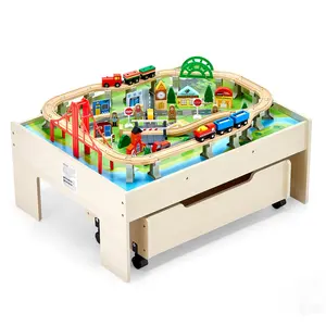 VEVOR 3-in-1 Wooden Train Table with Reversible Top, 100 Multicolor Pieces, Wood Frame, Rolling Drawers, Kids Creative Play Activity Table for Gaming, Drawing (Ages 3+)