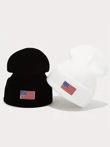 Unisex Knit Beanie Hat with American Flag Embroidery, Fitted Winter Cuffed Hat for Men & Women, Casual All-Season Gift