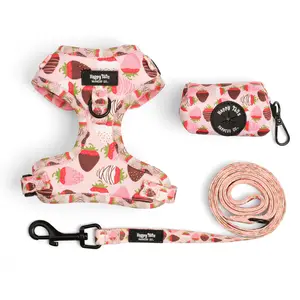 ChocoBerry Bliss Dog Walking Set - Adjustable Harness, Leash, Poop Bag Holder - Chocolate Covered Strawberry Design