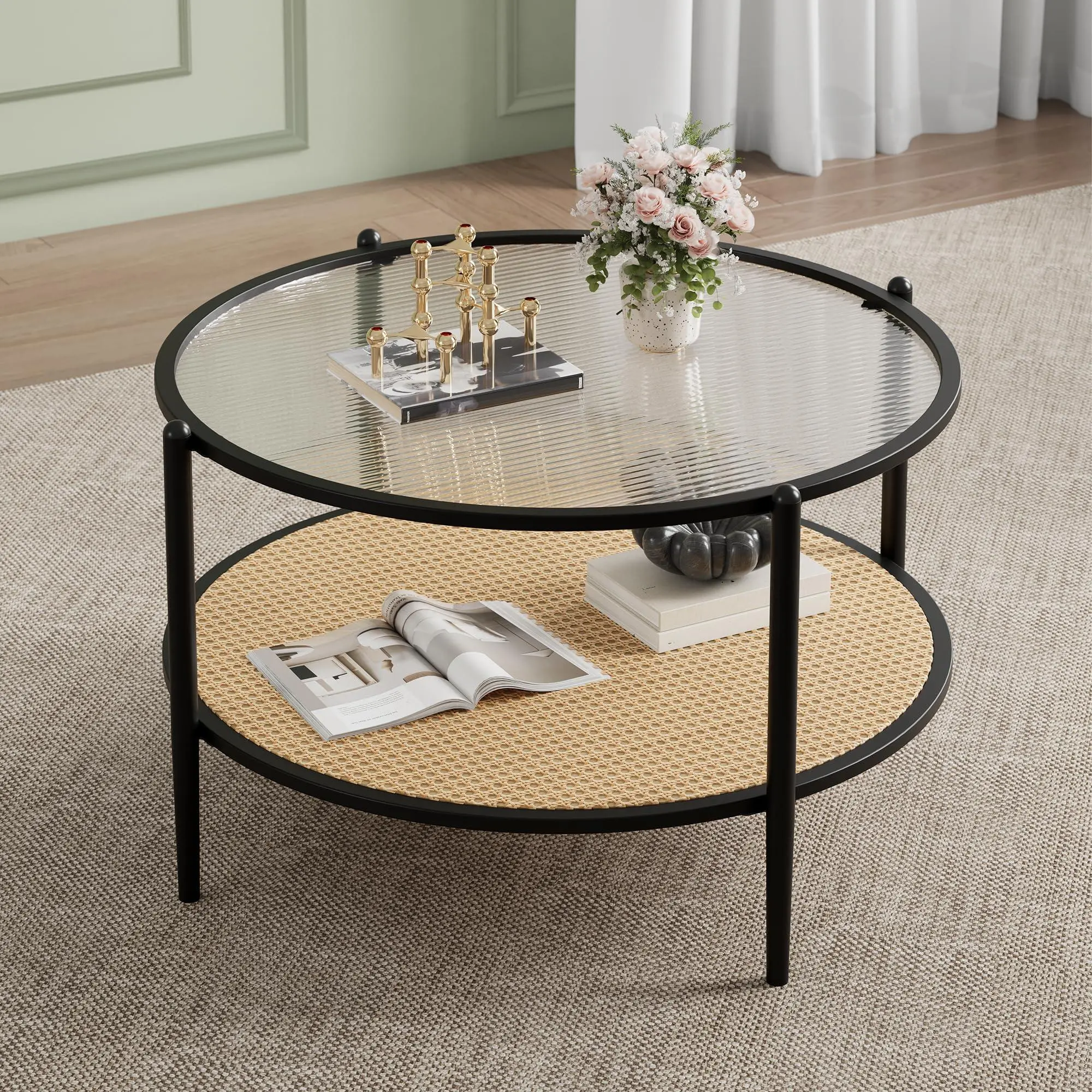 30 in Rattan Coffee Table, 2-Tier Round End Table with Storage, Round Water-Wave Glass Metal Center Tables, Modern Circular Coffee Tables for Small Space, Living Room, Office (Black)
