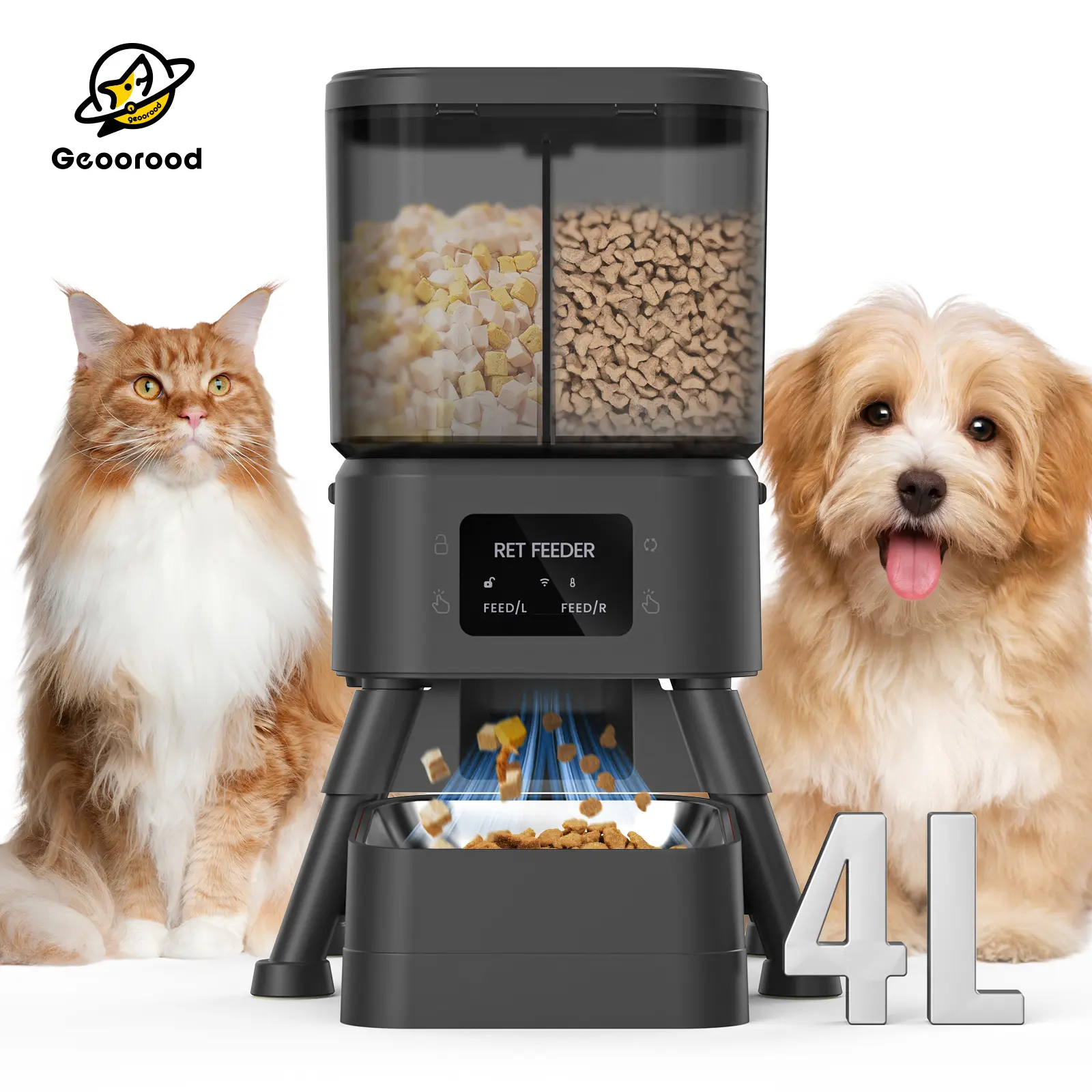 【Geoorood】Dual Chamber Automatic Cat Feeder, 4L (2x2L) Smart APP Controlled Pet Feeder for Two Food Types (Dry Food & Freeze-Dried), Battery Powered, with Desiccant Bags & Customizable Portions #DealsforYouDays #SummerWins