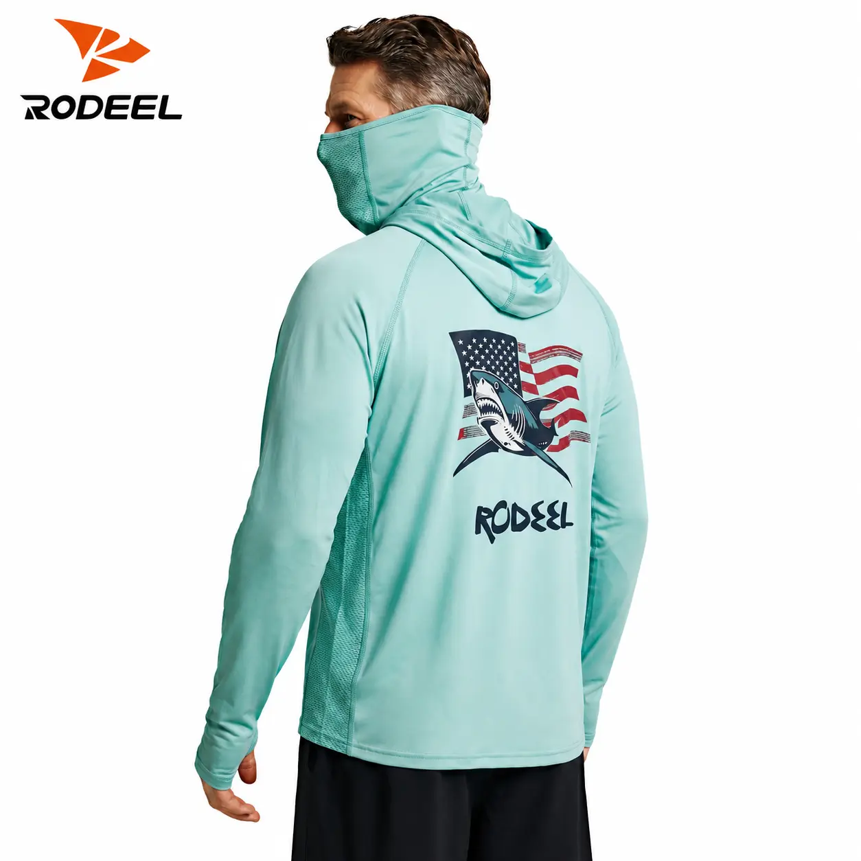 【RODEEL】938 Fishing Hoodie Shirts w/ Mask Neck Gaiter Thumbhole Men UPF 50+ Sun UV Protection Long Sleeve Breathable Mesh Fabric Lightweight Quick Dry Moisture Wicking Athletic Activewear for Outdoor Fishing Boating Hiking SummerWins