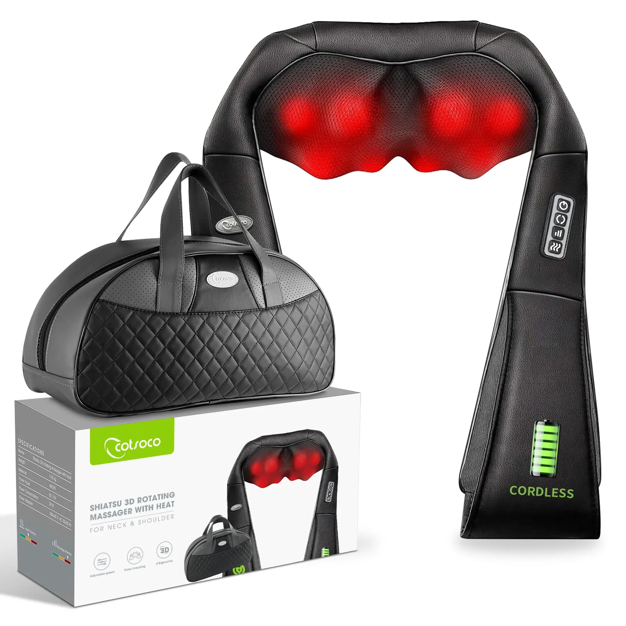 Cotsoco Cordless Shiatsu Neck and Shoulder Massager with Heat, Comfort 3D Deep Tissue Kneading Portable Massagers for Neck Back, Gifts for Men Woman
