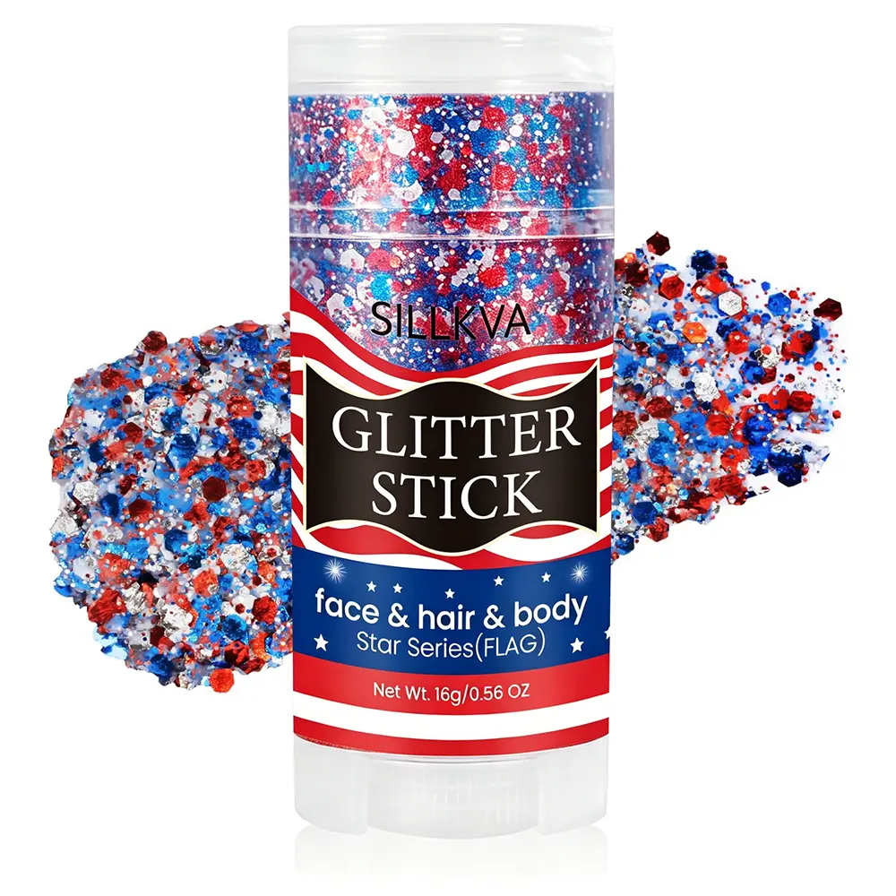 SILLKVA Red And Blue Glitter Makeup Stick, Multi-Use Glitter Gel for Face, Hair, And Body. American Flag Themed Glitter Powder for Independence Day, July 4Th, Parties, And Stage Makeup. Mild Formula, Perfect for Sports And Football Themed Looks