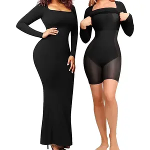 Sooslick Long Sleeve Square Neck Maxi Dress with Built-in Shaper, Tummy Control and Bust Lift Bodycon Shapewear for Women, Sculpting Compression Underwear, Minimalist Design Womenswear Adjustable Birthday Bodysuit Cocktail Comfortable