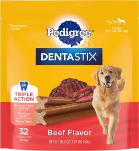 Pedigree Dentastix Large Breed Dog Treats, Beef Flavor, 1.67 lb. Bag (32 Treats)