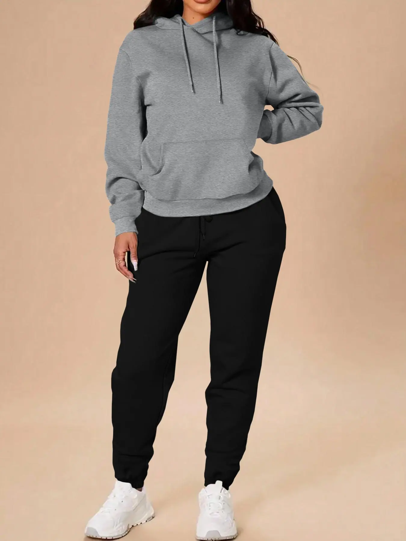 Women's Solid Drop Shoulder Hoodie Sweatshirt & Drawstring Waist Pants Two-piece Set, Casual Fashion Cozy Breathable Two Piece Outfits for Daily Outdoor Wear, Women Clothes for Fall & Winter