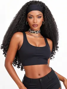 Women's GKtineke Afro Curly Headband Wig - Glueless Wear-and-Go Machine-Made Synthetic Full Wig, Natural Color with Bouncy Curls, Summer Vibes,
