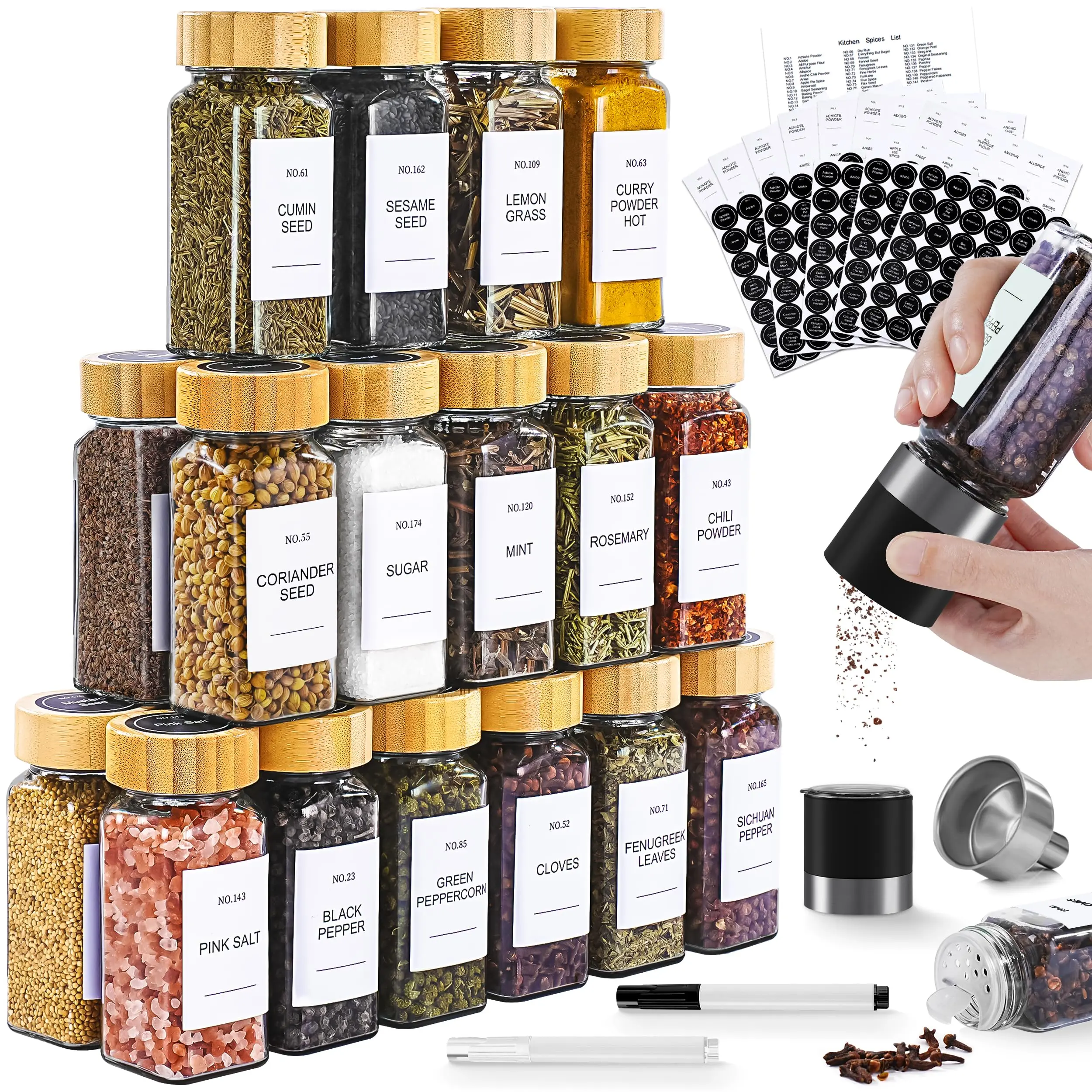 24-Pcs 4oz Glass Spice Jars Set with Airtight Bamboo Lids, 210 Round Black & White Labels, Salt & Pepper Grinder, Stainless Steel Funnel for Organized Kitchen Seasoning Storage & Utensil Organization, Label, Airtight Seal