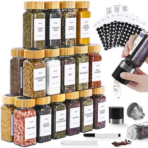 24 Pcs Spice Jars Set with Bamboo Lids, 4oz Glass Jars, 210 Round Black & White Labels, Salt & Pepper Grinder, Stainless Steel Funnel for Seasoning Kitchen Utensils  Canister Tin