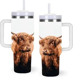 40oz Highland Cow Tumbler with Handle – Stainless Steel Insulated Travel Cup for Highland Cow Lovers