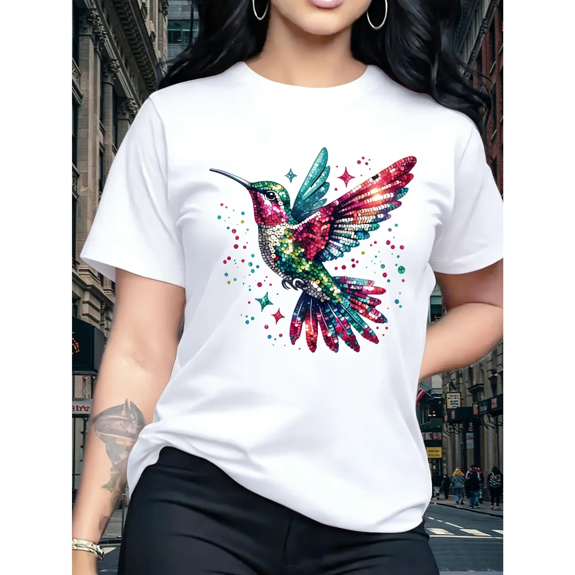 100% pure cotton women's fashion casual T-shirt with sharp-beaked bird pattern, short-sleeved round-neck top, birthday gift, suitable for travel, vacation, parties, sweet and elegant, gift for girlfriend, Mother's Day gift