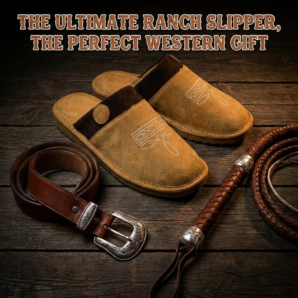Western Suede Slippers with Boot Stitch – Square Toe House Shoes for Men & Women, Indoor Outdoor