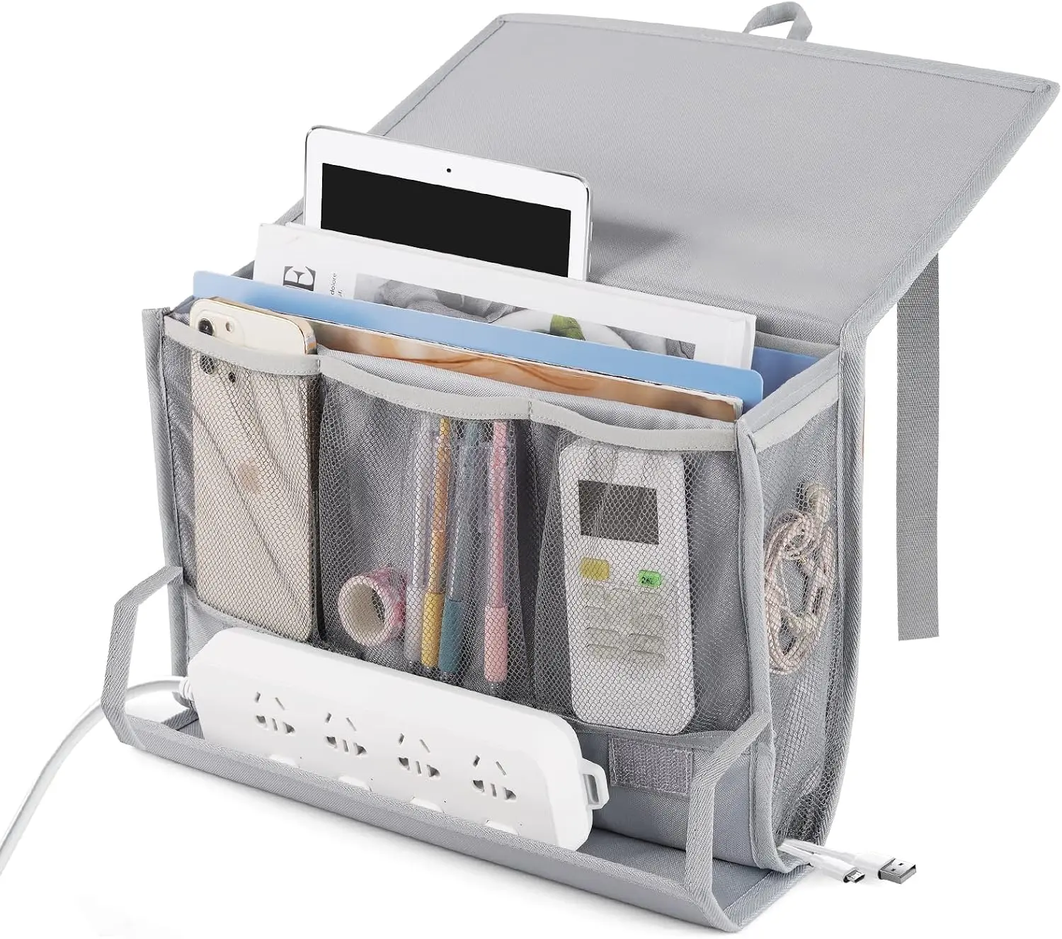 Bedside Caddy Organizer for Dorm Bed Rails with 7 Pockets, Gray