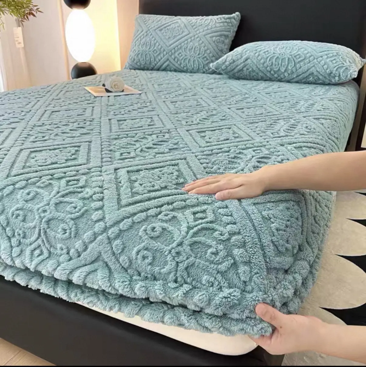 Fitted Sheet Solid Color 3D Embossed Coin Pattern Waterproof Mattress Protector Tufted Plush Fluffy Deep Pocket Elastic Bed Cover 3 Piece Bedding Set 1 Fitted Sheet 2 Pillowcases For Bedroom Dorm Hotel Guest Room All Seasons Home Decor Farmhouse Style